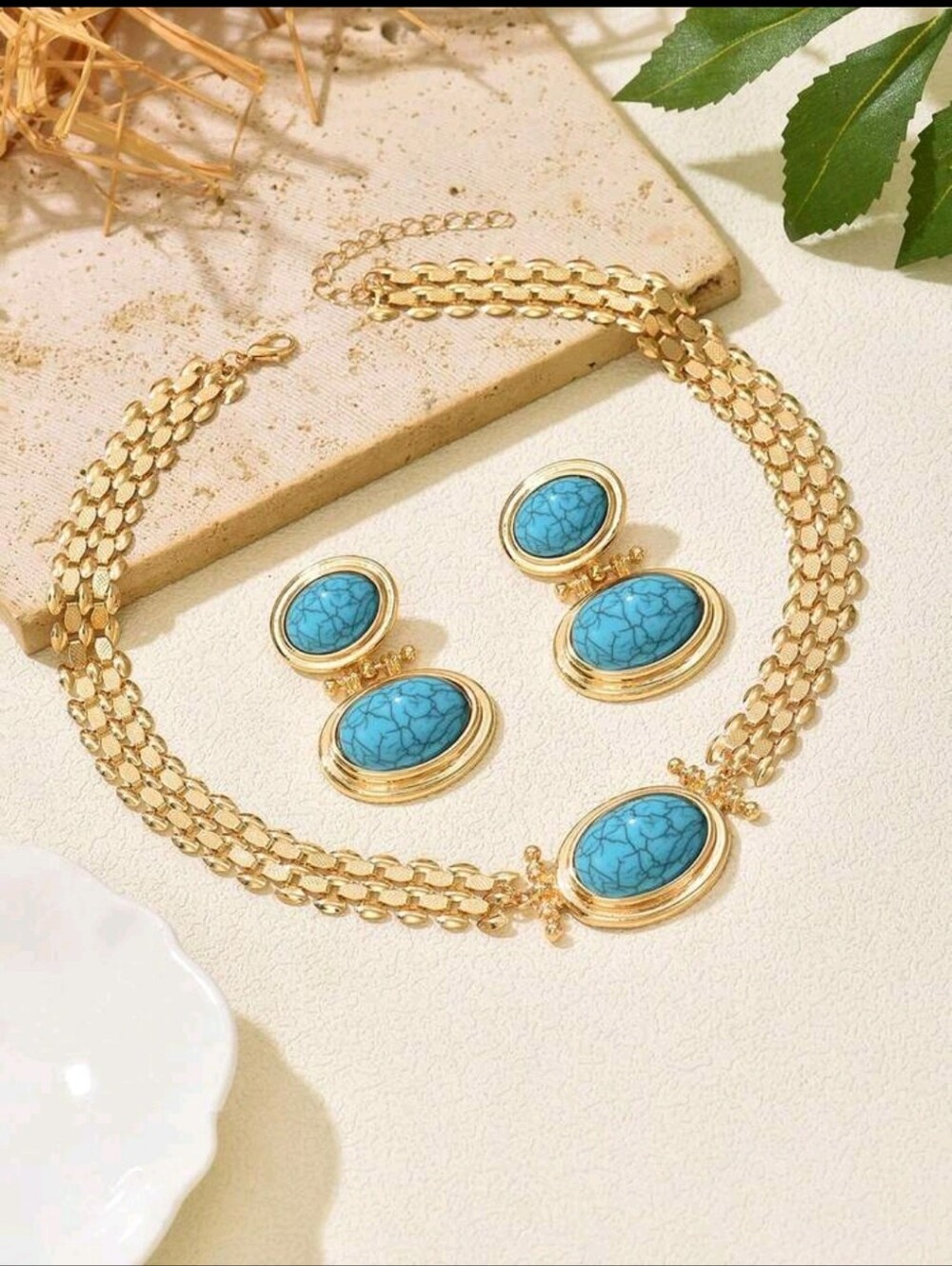 BRAND NEW ** Gold-Tone Turquoise Stone Necklace & Earrings Set